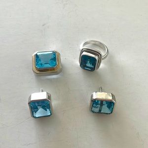 Set of silver ring earrings and slide pendant with blue Topaz